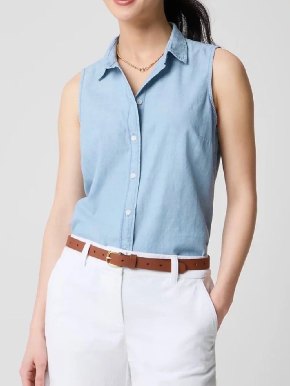 J. Crew Factory Light Blue Sleeveless Button-Front Chambray Top